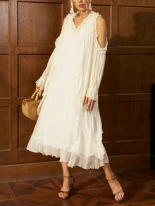 Ruffle Trim Silk Off - Shoulder Dress - Social Queen