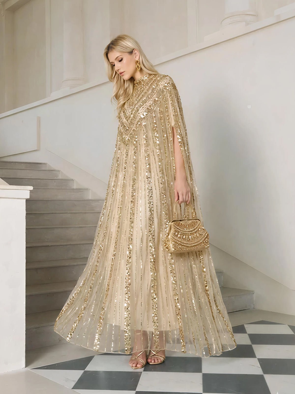 sequin cape dress APRICOT / OS Size:XXX-L Classic H&M Viral Sweater Dress vertical silver sequins purple satin wedding guest dress