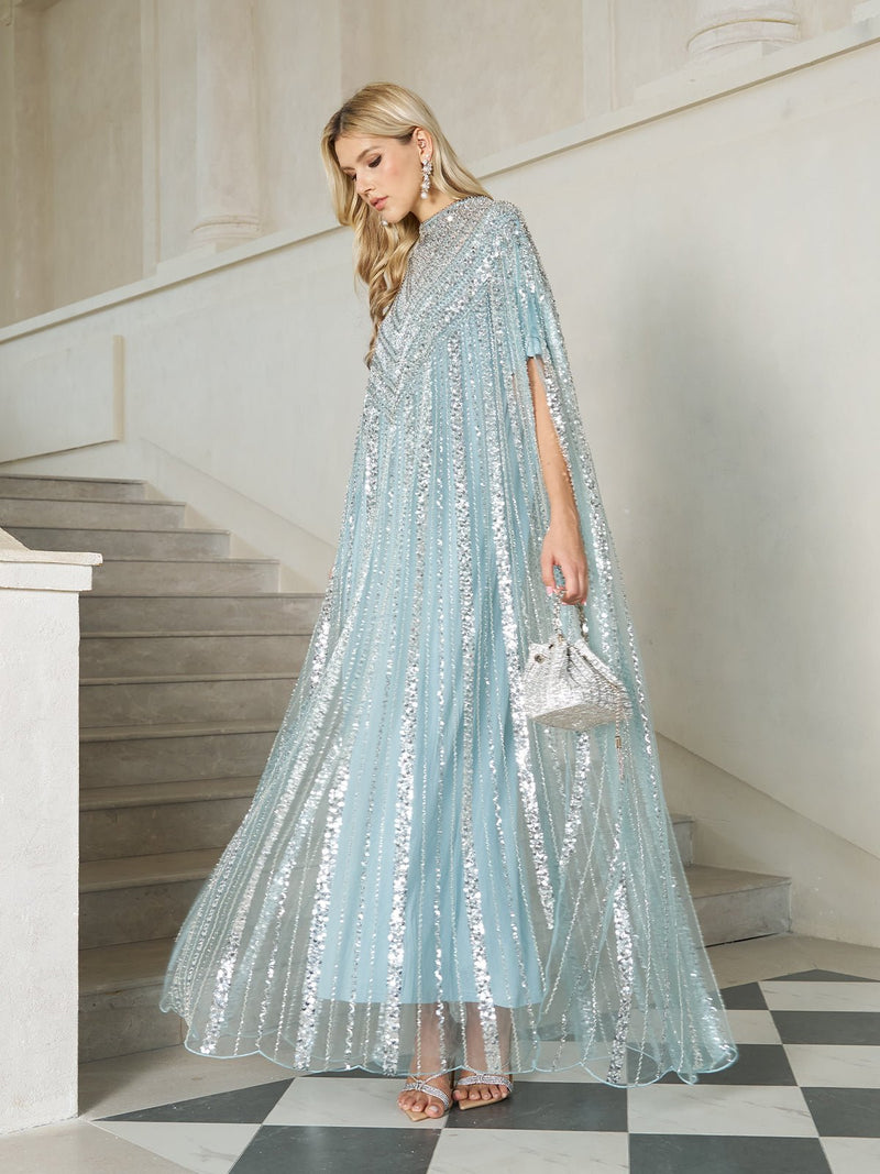Sequin Cape Gown with Radiant Beaded Fringe - Social Queen