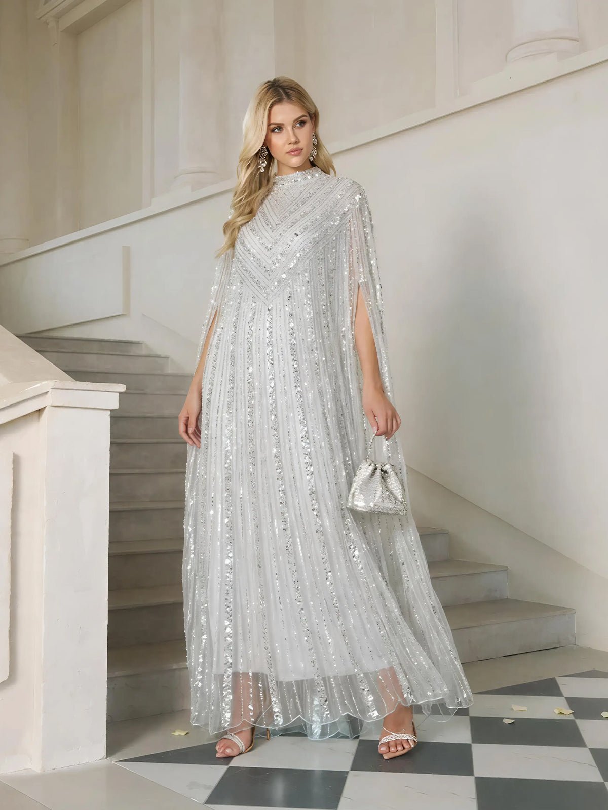 sequin cape dress Gown with Radiant Beaded Fringe White / OS QB08D403 Fabric Little Black Dress Homecoming comfy sweater Color:Ink (Black)