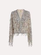 The Social Queen Sequin & Crystal Fringe Cardigan is a cropped, long-sleeve jacket in silver and gold with crystal fringe, perfect for eveningwear and displayed on a plain white background.