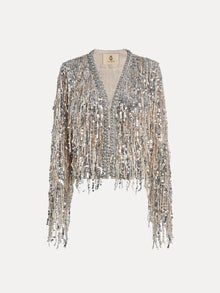 The Social Queen Sequin & Crystal Fringe Cardigan is a cropped, long-sleeve jacket in silver and gold with crystal fringe, perfect for eveningwear and displayed on a plain white background.