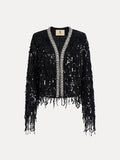The Sequin & Crystal Fringe Cardigan by Social Queen features black sequins, silver crystal trim, and fringe accents—perfect as statement eveningwear or a chic jacket for special occasions.