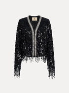 The Sequin & Crystal Fringe Cardigan by Social Queen features black sequins, silver crystal trim, and fringe accents—perfect as statement eveningwear or a chic jacket for special occasions.