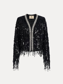 The Sequin & Crystal Fringe Cardigan by Social Queen features black sequins, silver crystal trim, and fringe accents—perfect as statement eveningwear or a chic jacket for special occasions.