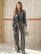 A woman wears the Social Queen Sequin-Embellished Metallic Crop Jacket, featuring a shiny finish and cropped silhouette.