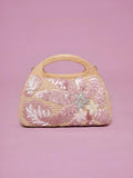The Social Queen Sequin Embroidered Wooden Handle Bag features a straw-effect design with pink and white floral sequin embroidery on a solid pink background.