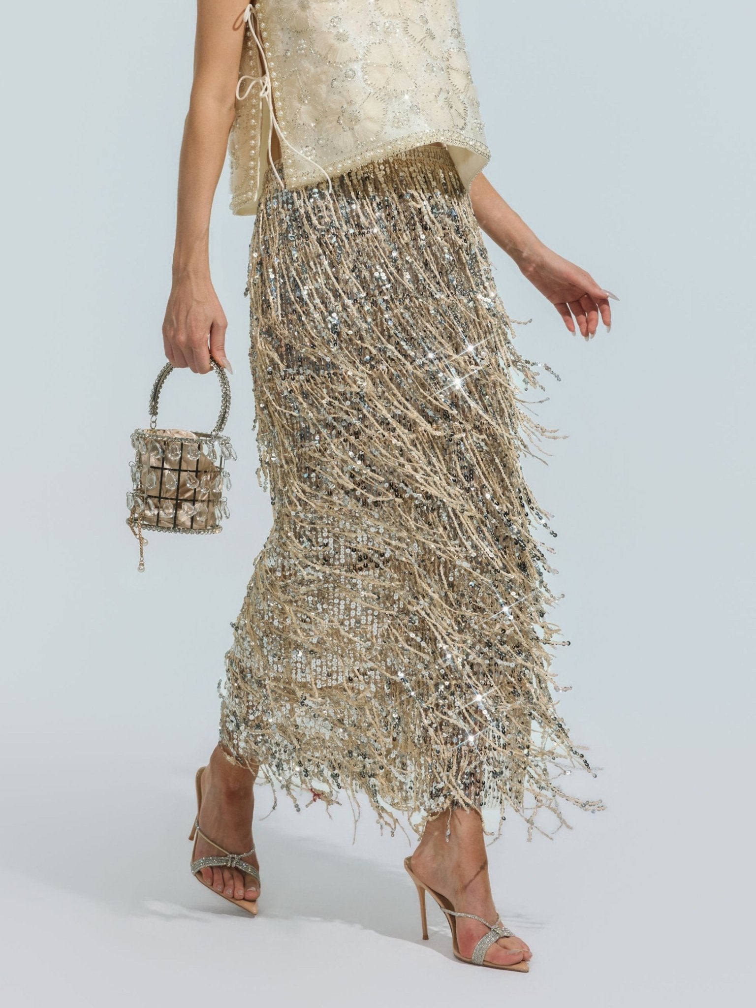 Sequin Fringe Side-Slit Midi Skirt - Social Queen