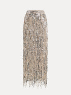 The Social Queen Sequin Fringe Side-Slit Midi Skirt features a high waist and fringe trim, shown against a plain white background.