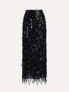 The Sequin Fringe Side-Slit Midi Skirt by Social Queen features a black high waist, straight silhouette, and fringe trim at the hem, shown against a plain white background.
