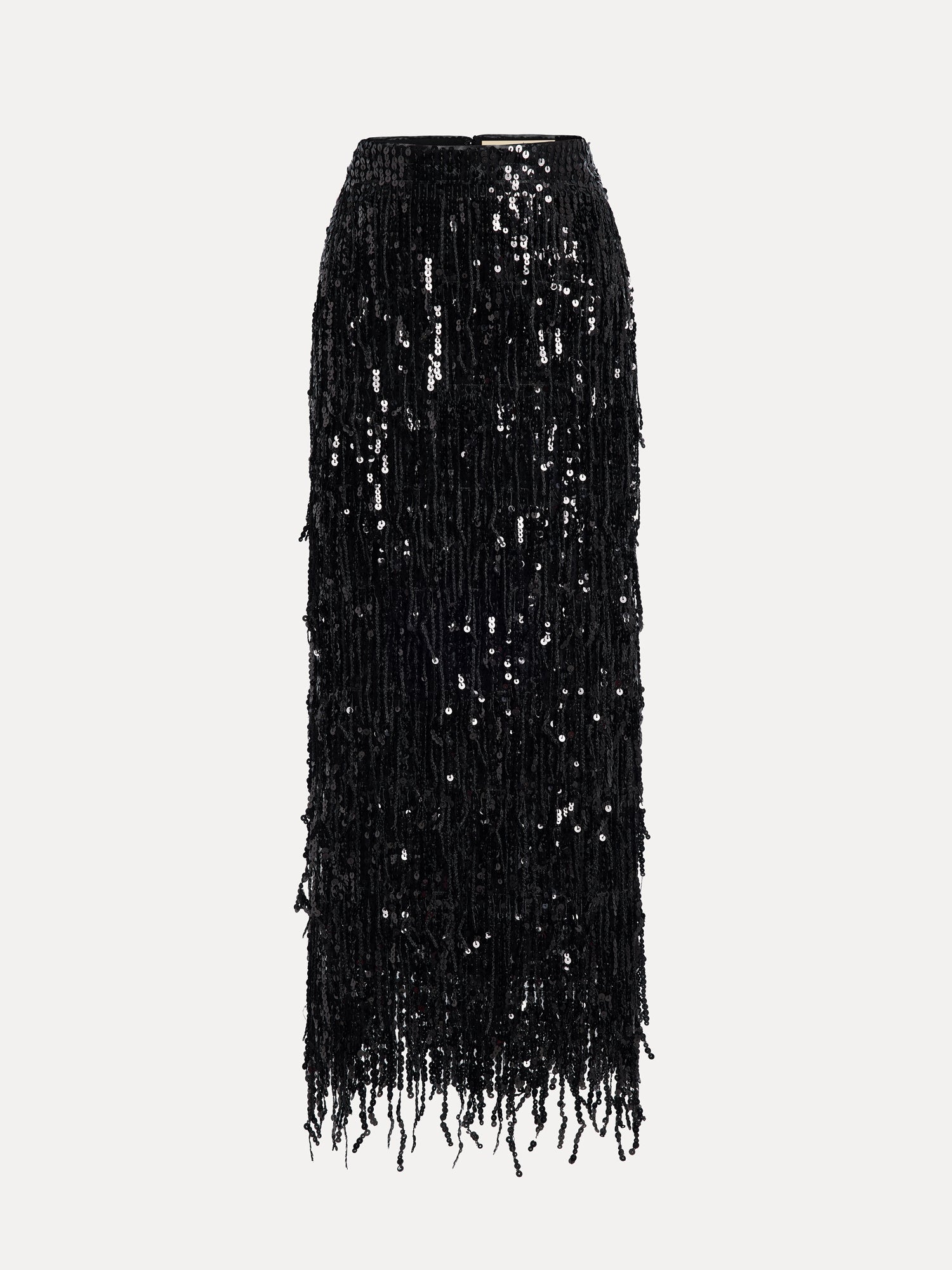 The Sequin Fringe Side-Slit Midi Skirt by Social Queen features a black high waist, straight silhouette, and fringe trim at the hem, shown against a plain white background.