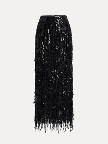 The Sequin Fringe Side-Slit Midi Skirt by Social Queen features a black high waist, straight silhouette, and fringe trim at the hem, shown against a plain white background.