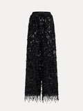Social Queen's Sequin Fringe Wide-Leg Pants feature a black high-waist design with dense sequins, a drawstring waist, and fringe at the hem, shown against a plain background.