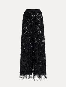 Social Queen's Sequin Fringe Wide-Leg Pants feature a black high-waist design with dense sequins, a drawstring waist, and fringe at the hem, shown against a plain background.