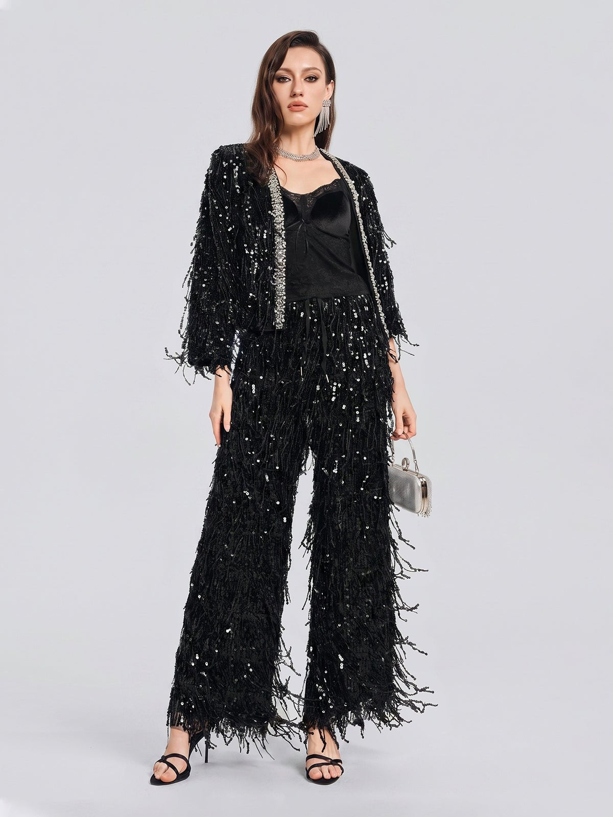 Sequin Fringe Wide-Leg Pants - Social Queen