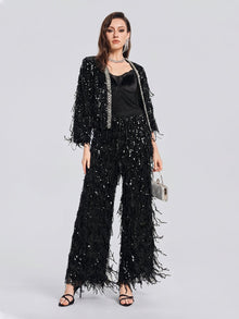 Sequin Fringe Wide-Leg Pants - Social Queen