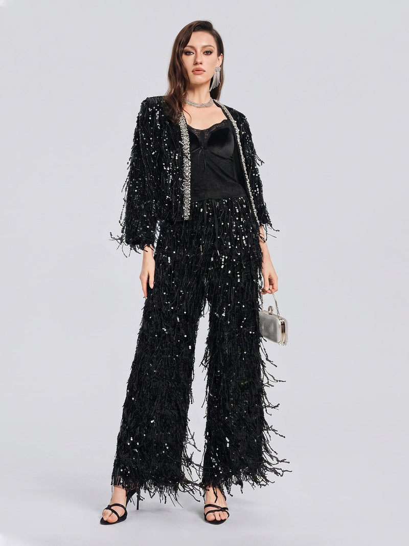Sequin Fringe Wide-Leg Pants - Social Queen