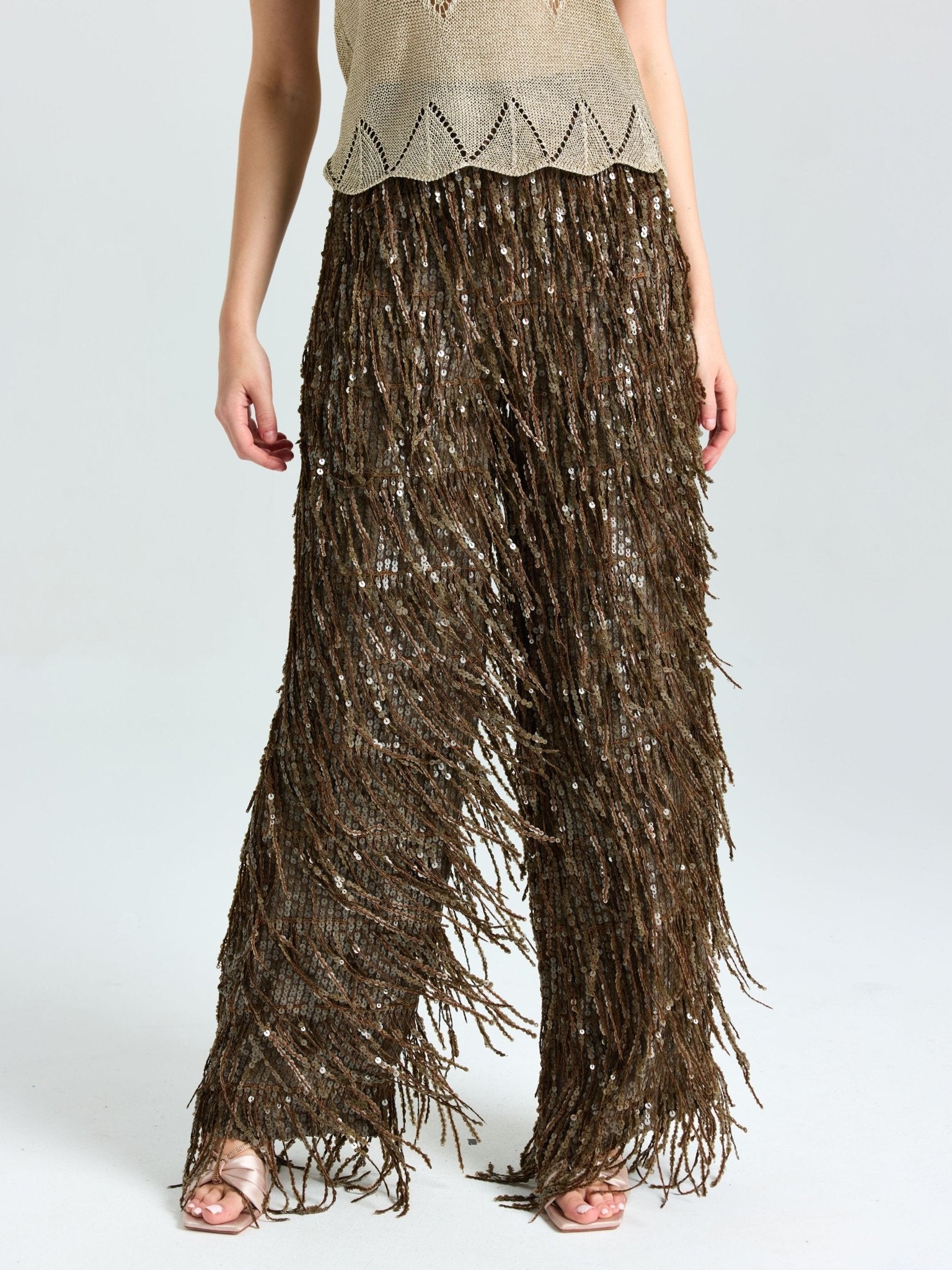Sequin Fringe Wide - Leg Pants - Social Queen