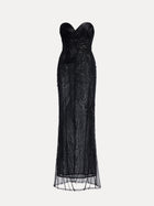 The Sequin & Hand-Beaded 3D Pleated Tulle Gown by Social Queen features a strapless black design with a heart neckline, sheer overlay, intricate hand-sewn sequins, and a floor-length silhouette.