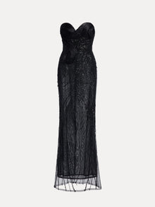 The Sequin & Hand-Beaded 3D Pleated Tulle Gown by Social Queen features a strapless black design with a heart neckline, sheer overlay, intricate hand-sewn sequins, and a floor-length silhouette.