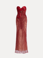 The Social Queen Sequin & Hand-Beaded 3D Pleated Tulle Gown is a stunning strapless red evening dress featuring a heart neckline, floor-length tulle, intricate beading, sheer panels, and sculpted bodice detailing.