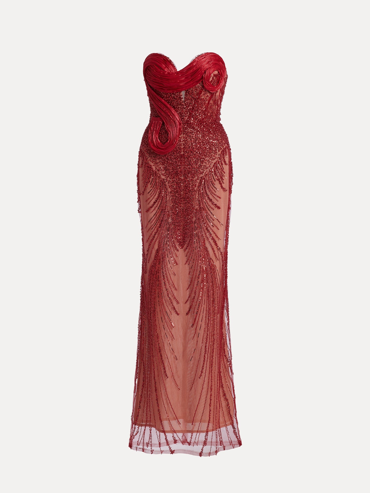 The Social Queen Sequin & Hand-Beaded 3D Pleated Tulle Gown is a stunning strapless red evening dress featuring a heart neckline, floor-length tulle, intricate beading, sheer panels, and sculpted bodice detailing.