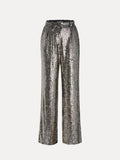 The Social Queen Sequin High-Waist Wide-Leg Pants feature side pockets and a shimmering silver finish, shown against a plain white background.