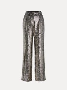 The Social Queen Sequin High-Waist Wide-Leg Pants feature side pockets and a shimmering silver finish, shown against a plain white background.