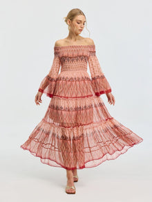 Smocked Off-Shoulder Silk Dress - Social Queen