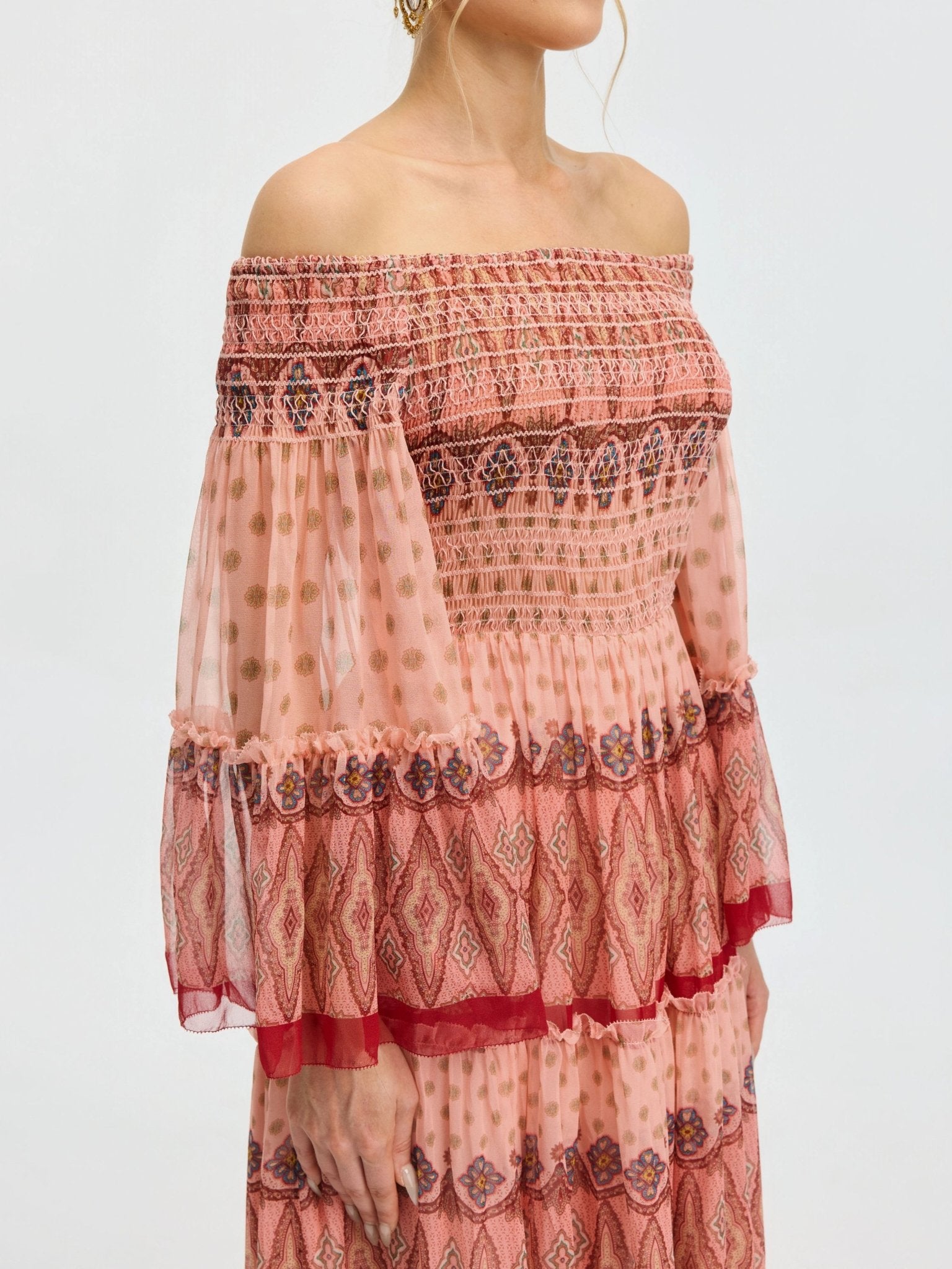 Smocked Off-Shoulder Silk Dress - Social Queen