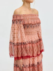 Smocked Off-Shoulder Silk Dress - Social Queen