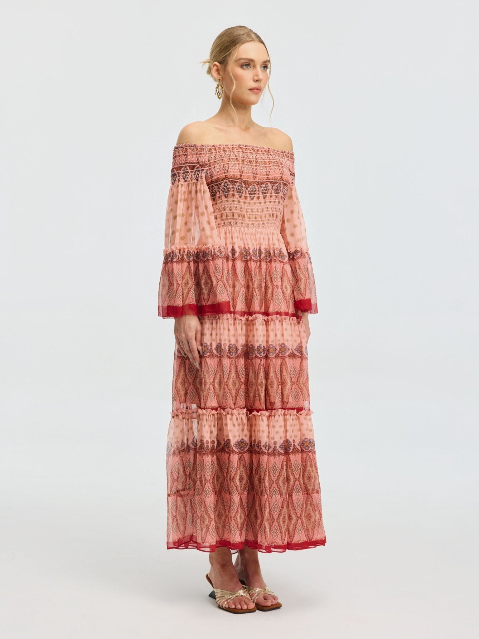 Smocked Off-Shoulder Silk Dress - Social Queen