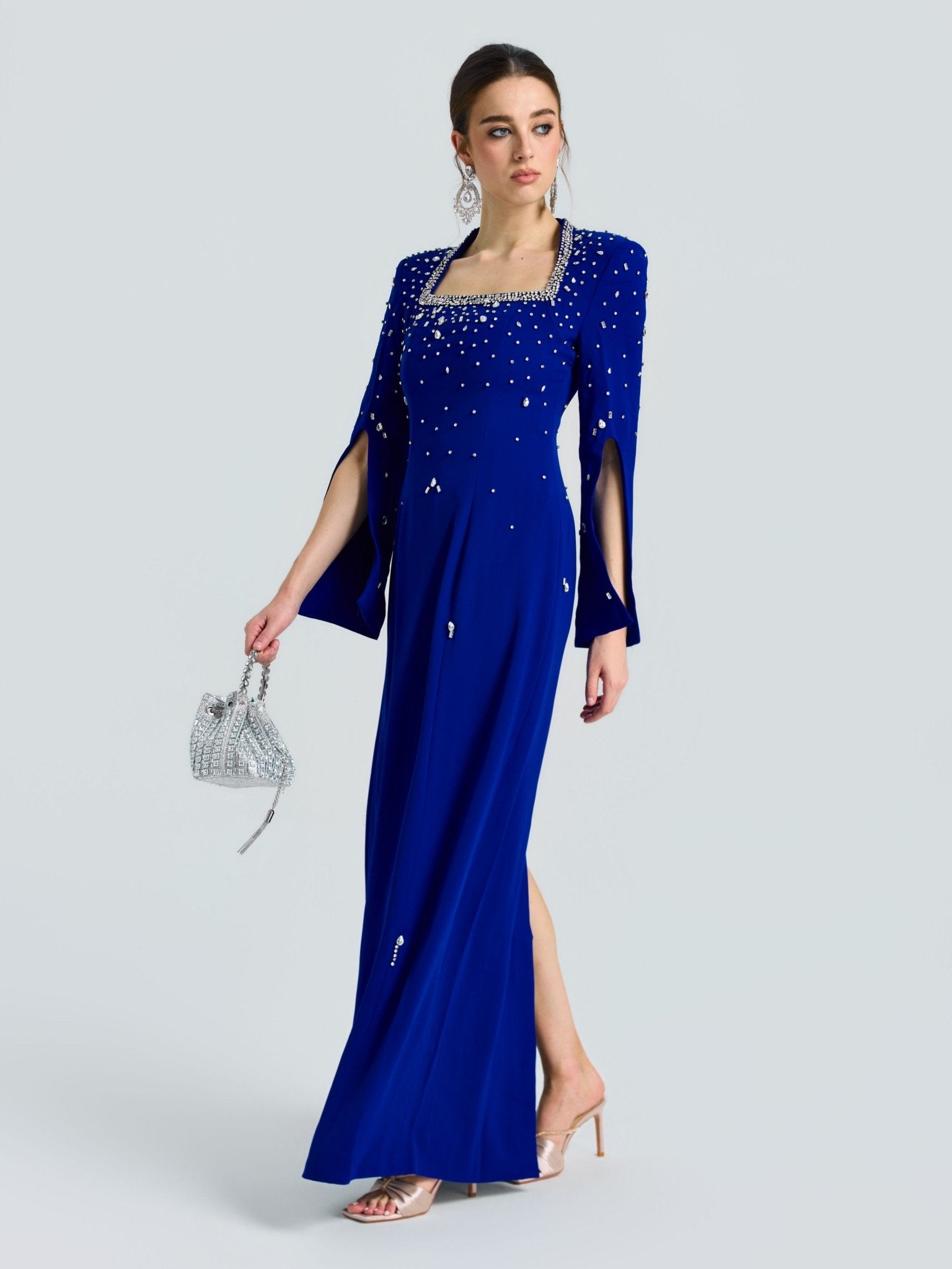 Square Neck Beaded Evening Gown - Social Queen