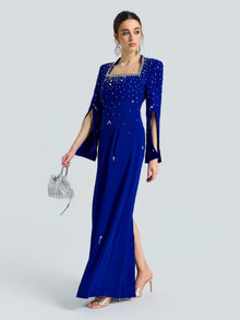 Square Neck Beaded Evening Gown - Social Queen