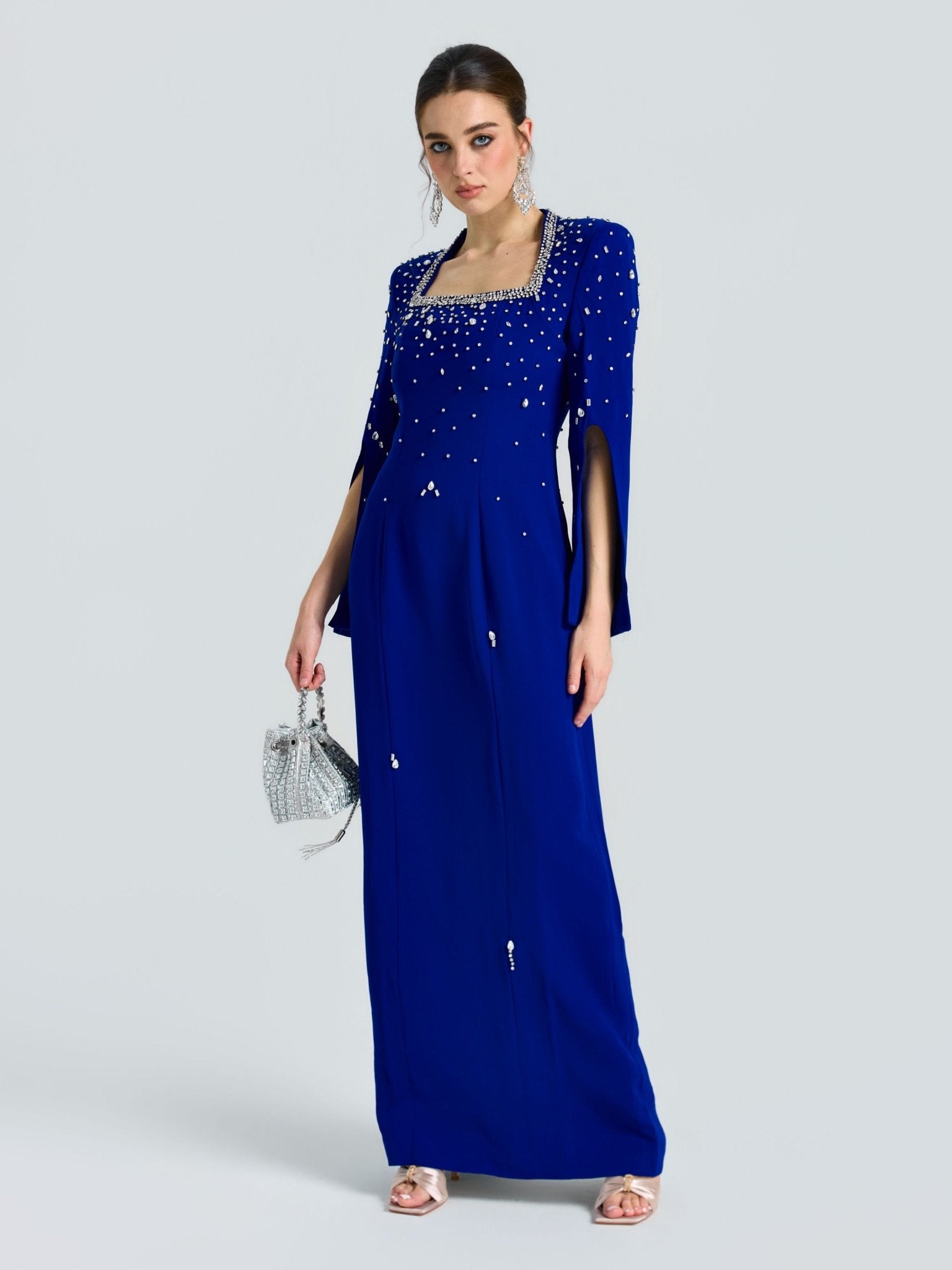 Square Neck Beaded Evening Gown - Social Queen