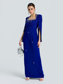 Square Neck Beaded Evening Gown - Social Queen
