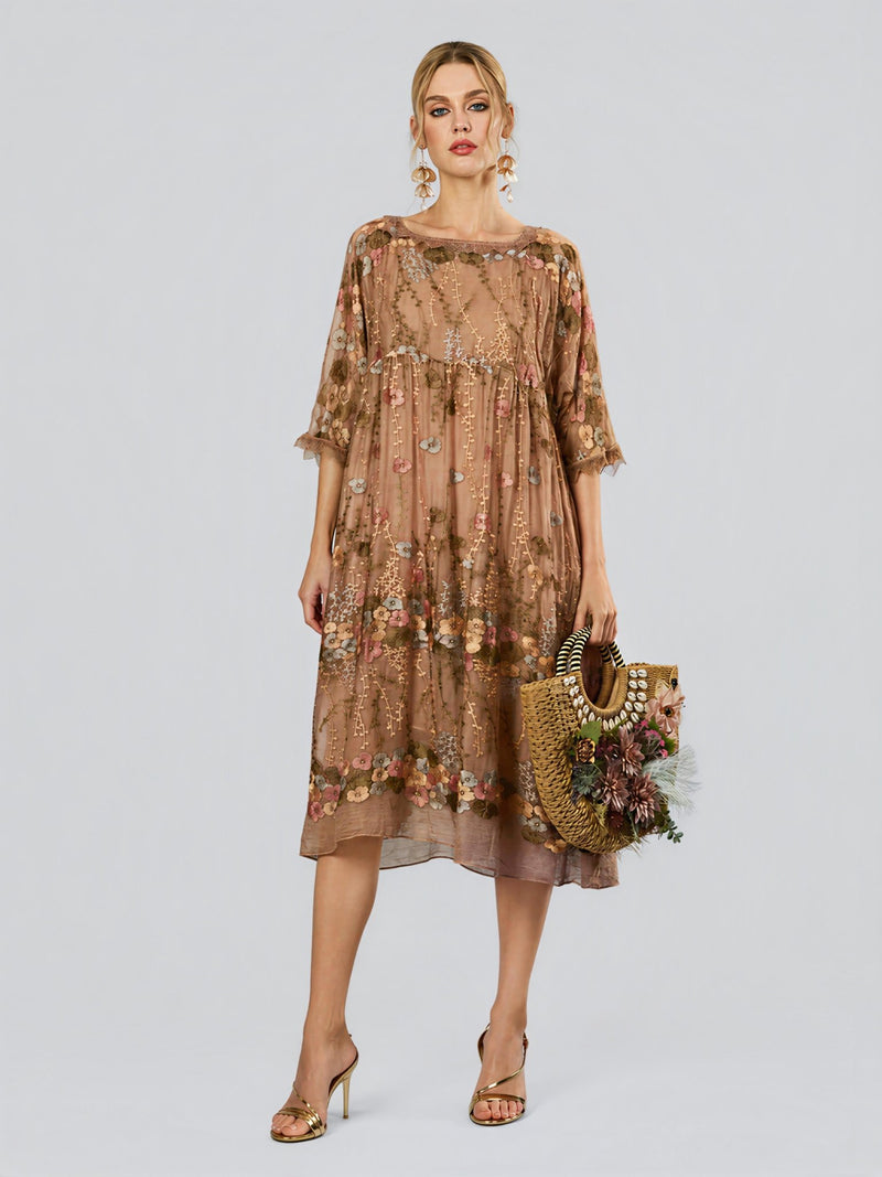 Square-Neck Embroidered Silk Dress - Social Queen
