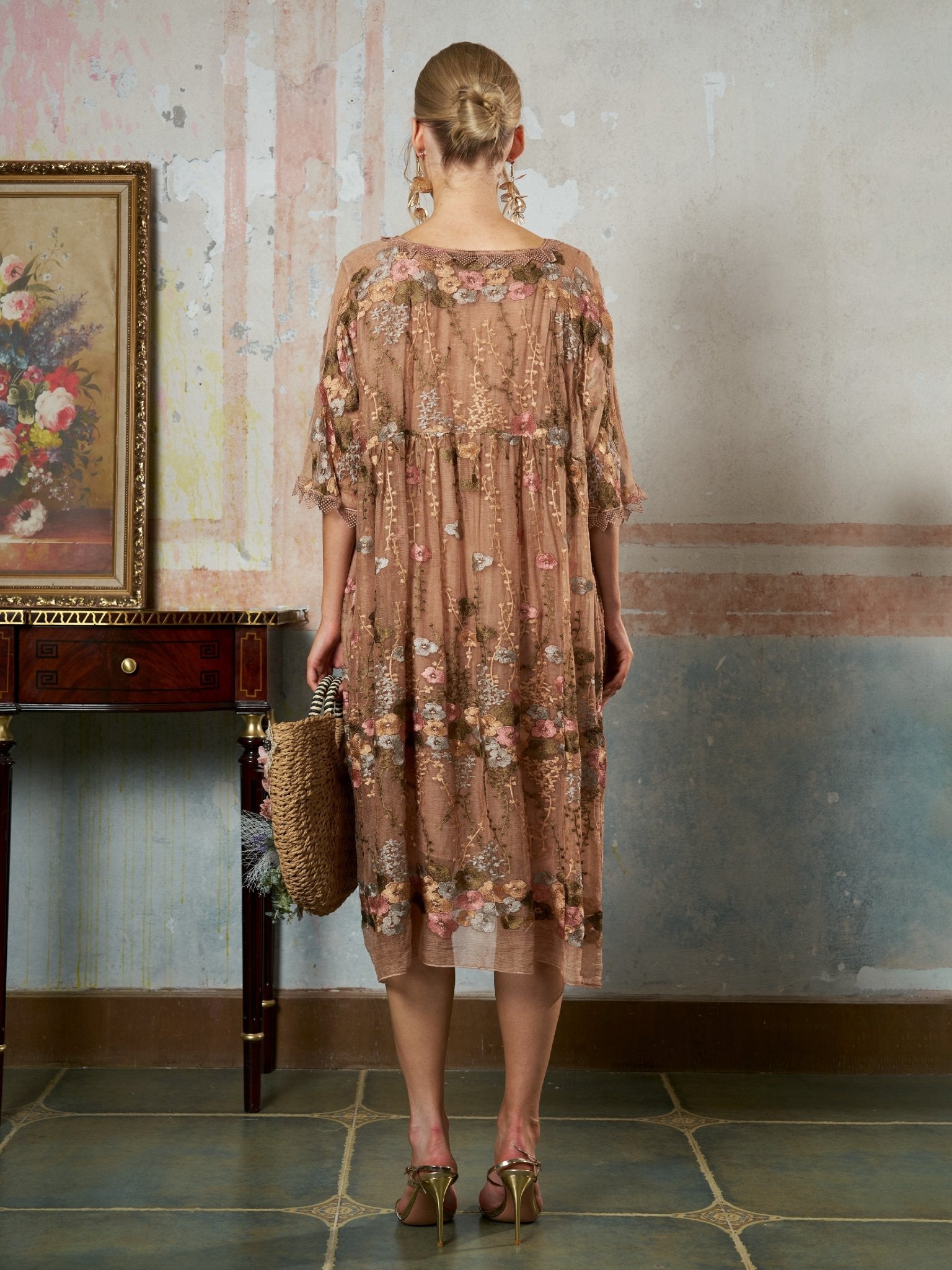 Square-Neck Embroidered Silk Dress