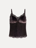 The Stretch Velvet Camisole with Embossed Lace by Social Queen features vintage-inspired styling, thin straps, velvet cups, a lace neckline, a center bow, and scalloped lace trim at the hem.