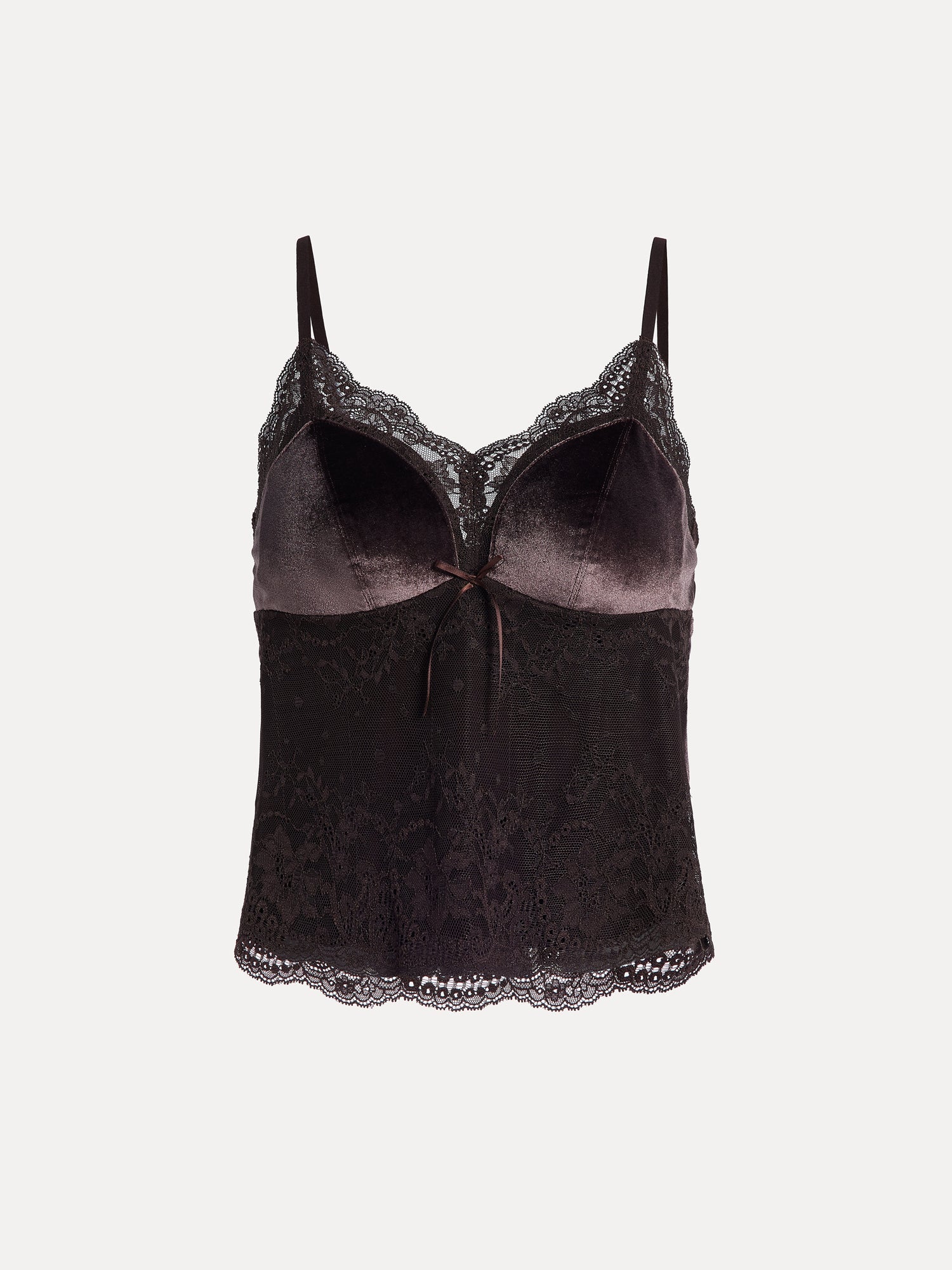 The Stretch Velvet Camisole with Embossed Lace by Social Queen features vintage-inspired styling, thin straps, velvet cups, a lace neckline, a center bow, and scalloped lace trim at the hem.