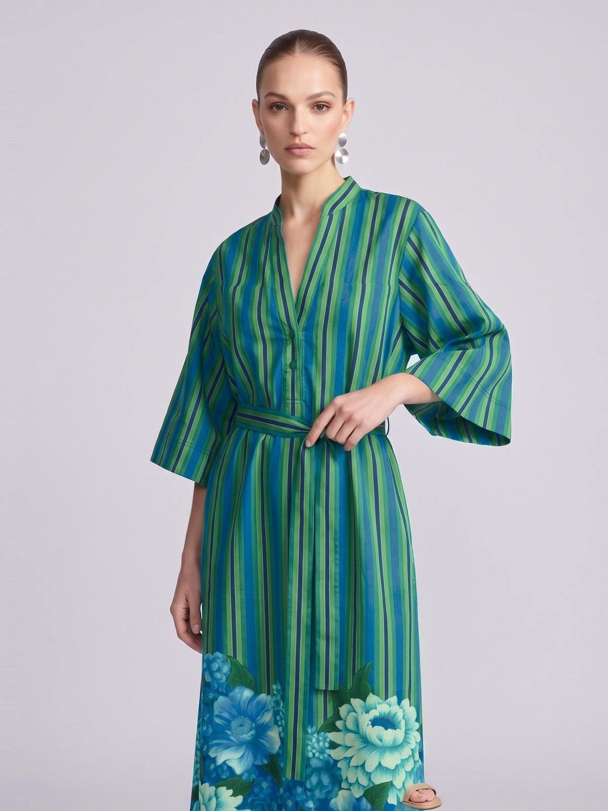 Stripe & Floral Print Linen Dress - Social Queen
