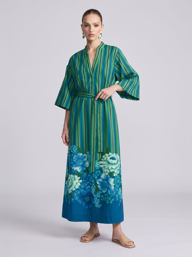 Stripe & Floral Print Linen Dress - Social Queen