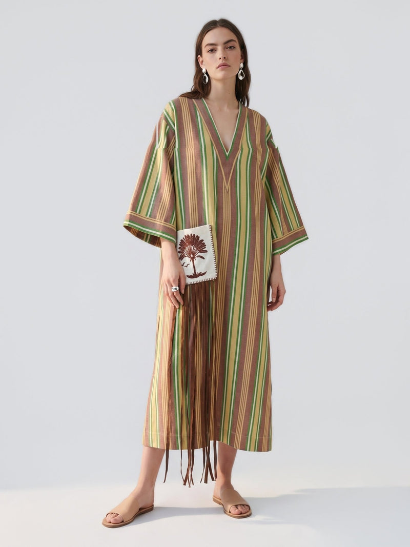 Striped Embroidered Cotton Kaftan Dress - Social Queen