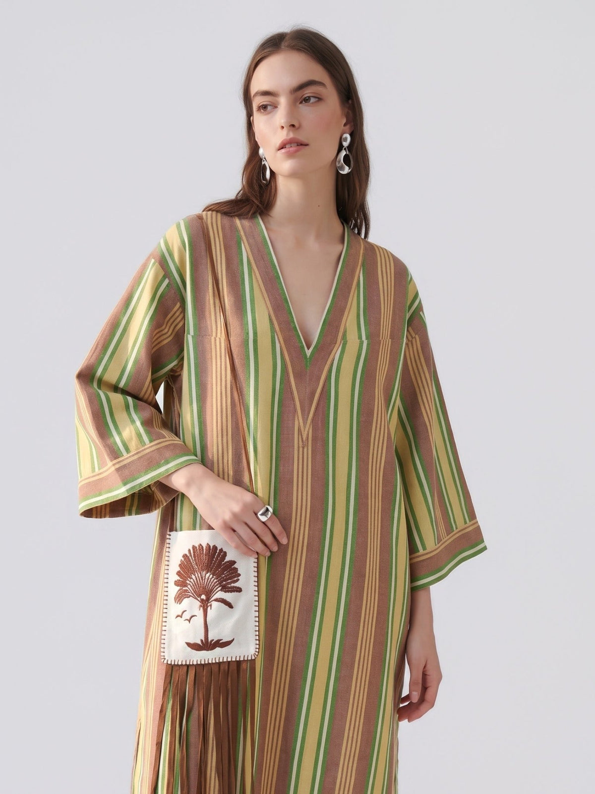 Striped Embroidered Cotton Kaftan Dress - Social Queen