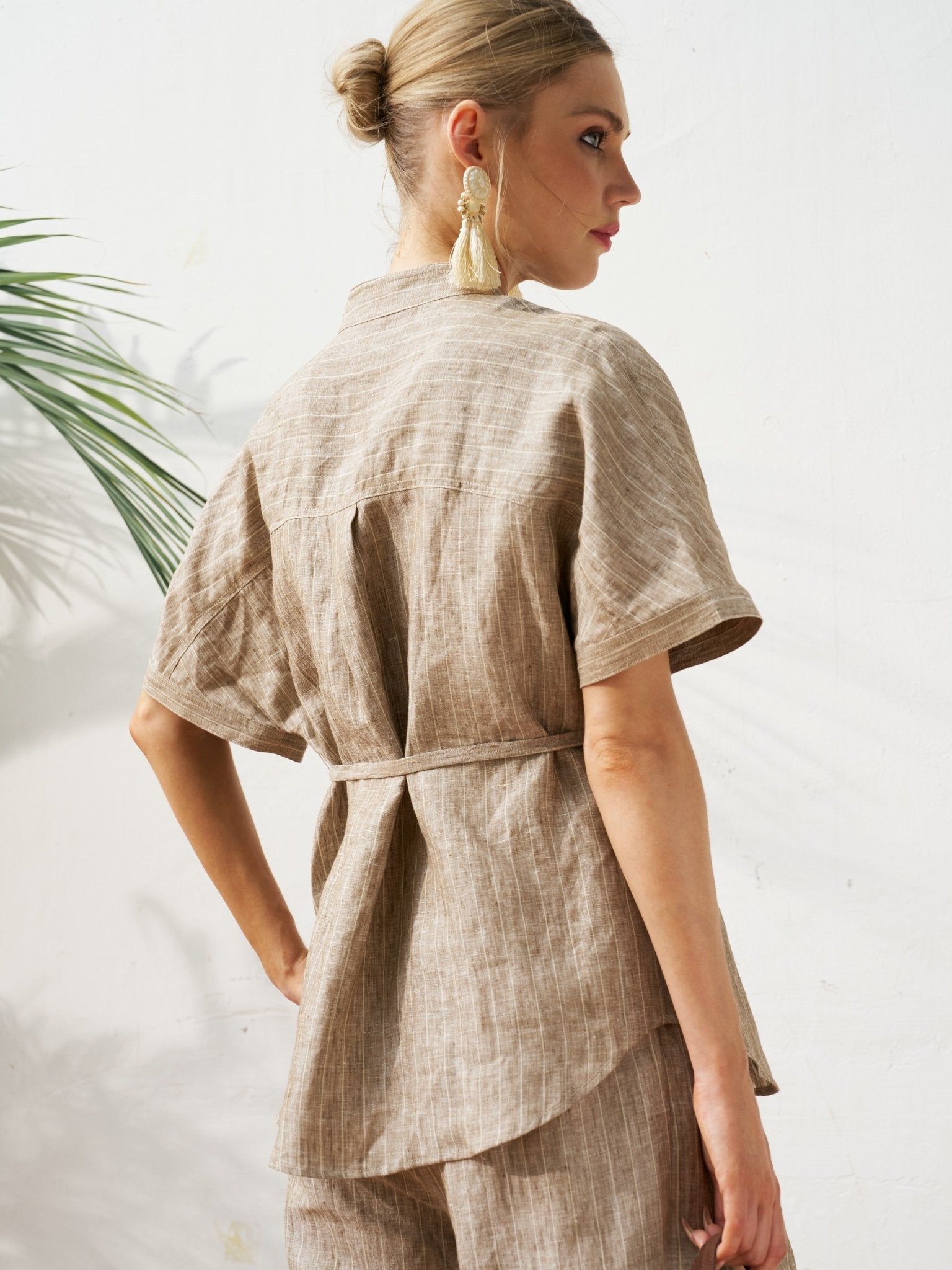 Striped Linen Blend Tie - Waist Shirt - Social Queen