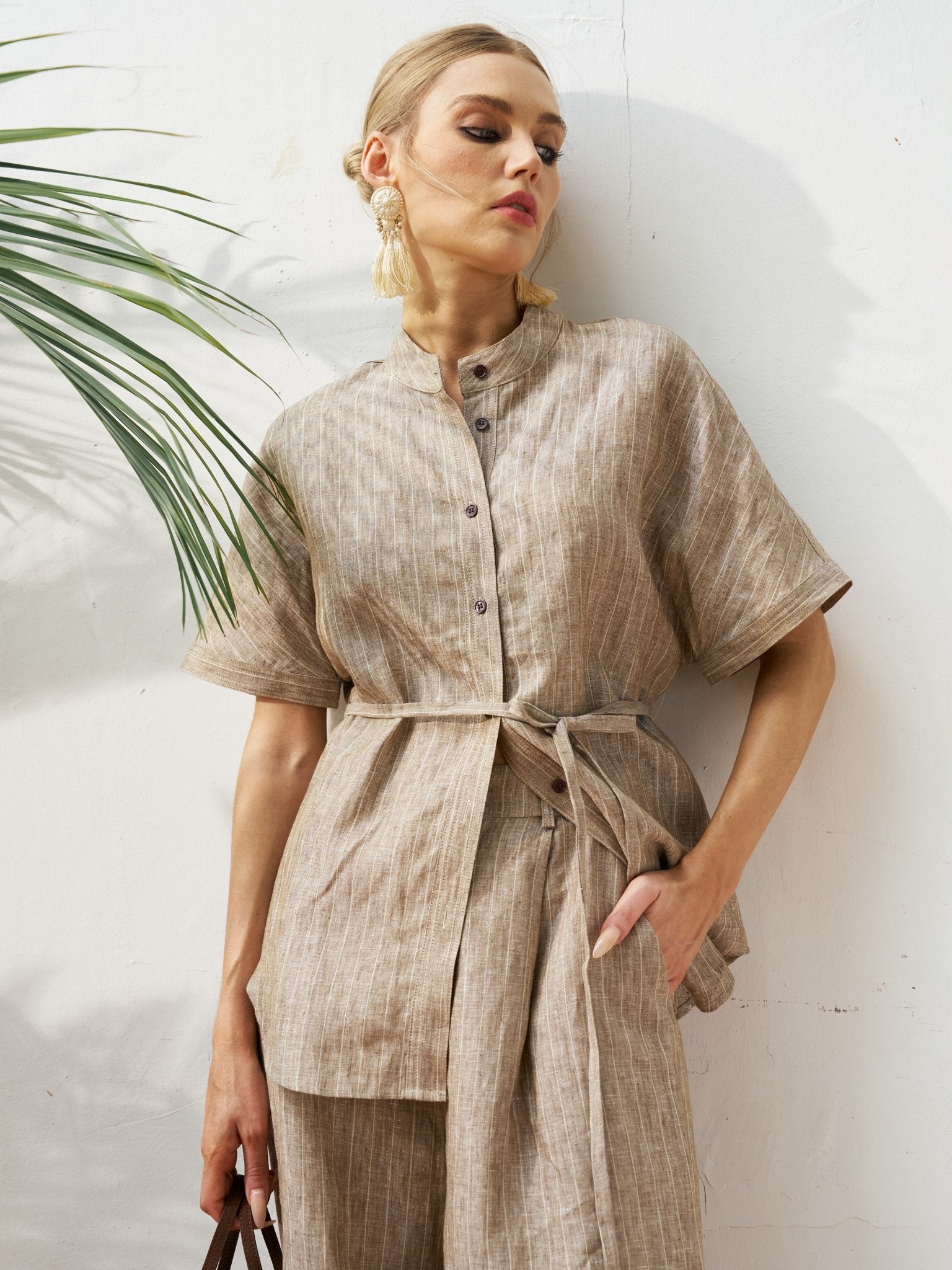 Striped Linen Blend Tie - Waist Shirt - Social Queen
