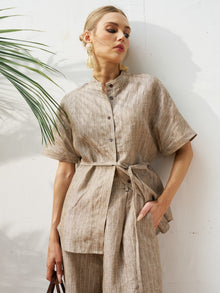 Striped Linen Blend Tie - Waist Shirt - Social Queen