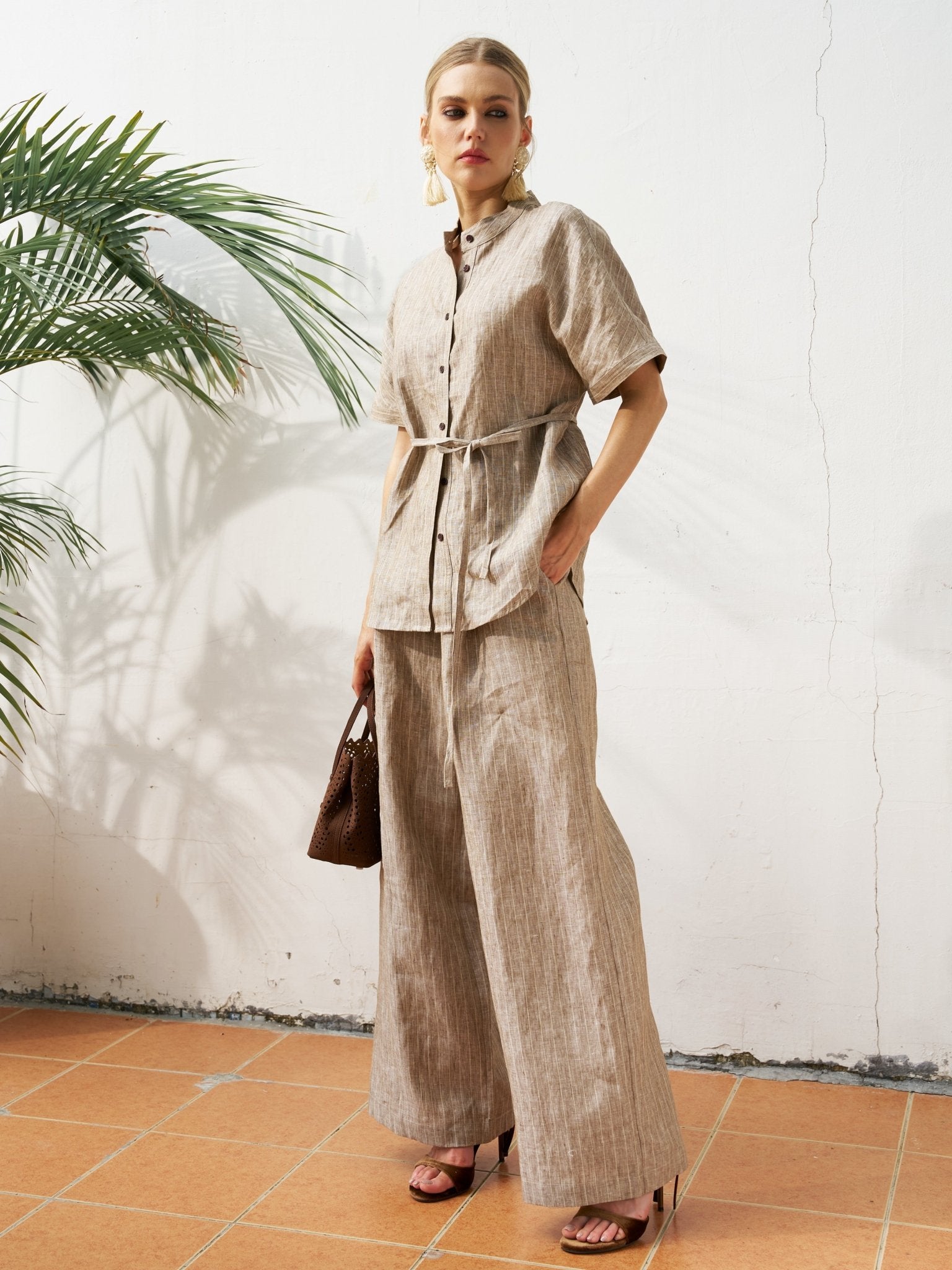 Striped Linen Blend Wide - Leg Pants - Social Queen