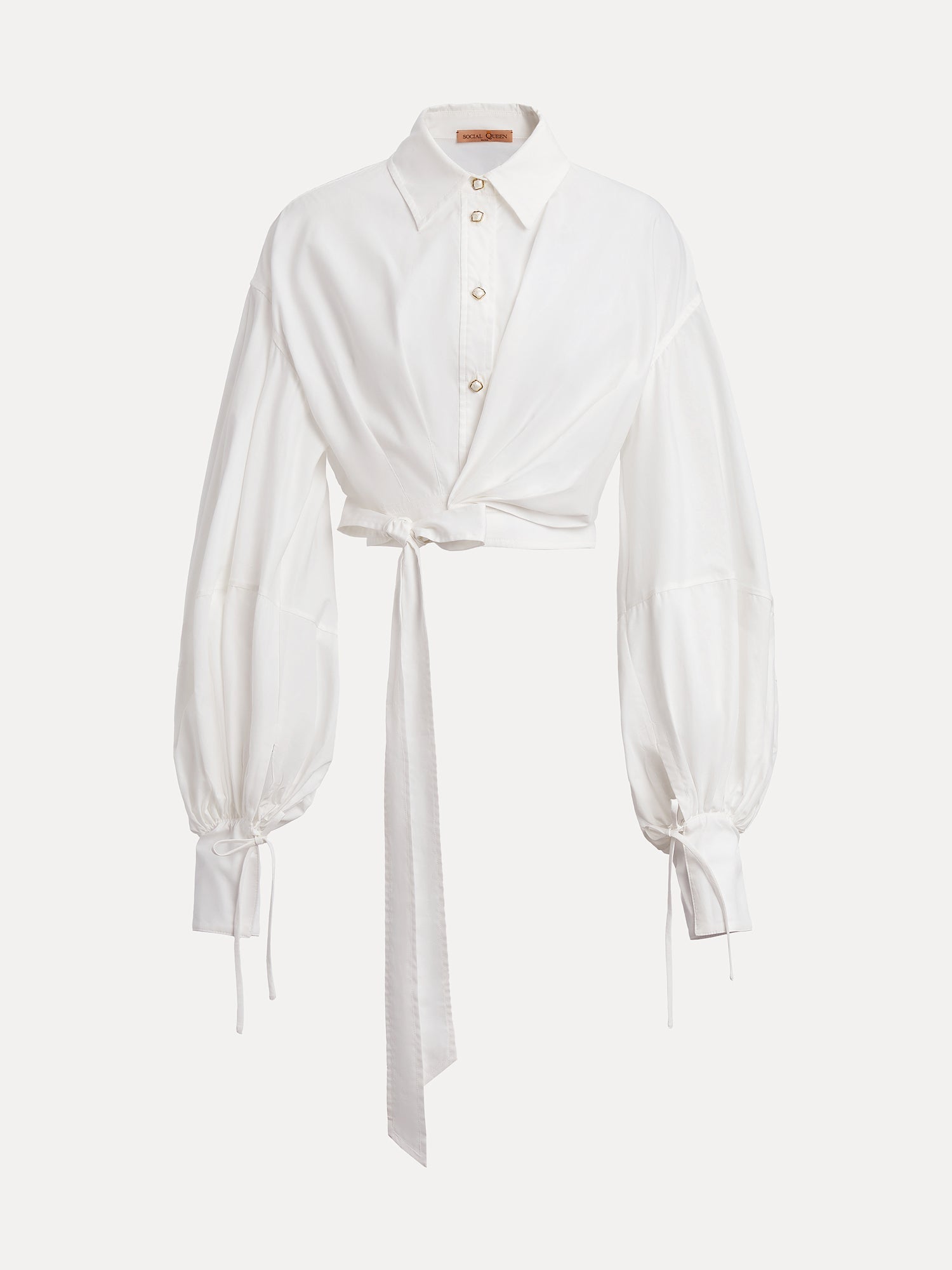 The Social Queen Tie-Neck Silk Lantern Sleeve Blouse features a hand-painted collar, button-up front, lantern sleeves, and a waist tie detail.