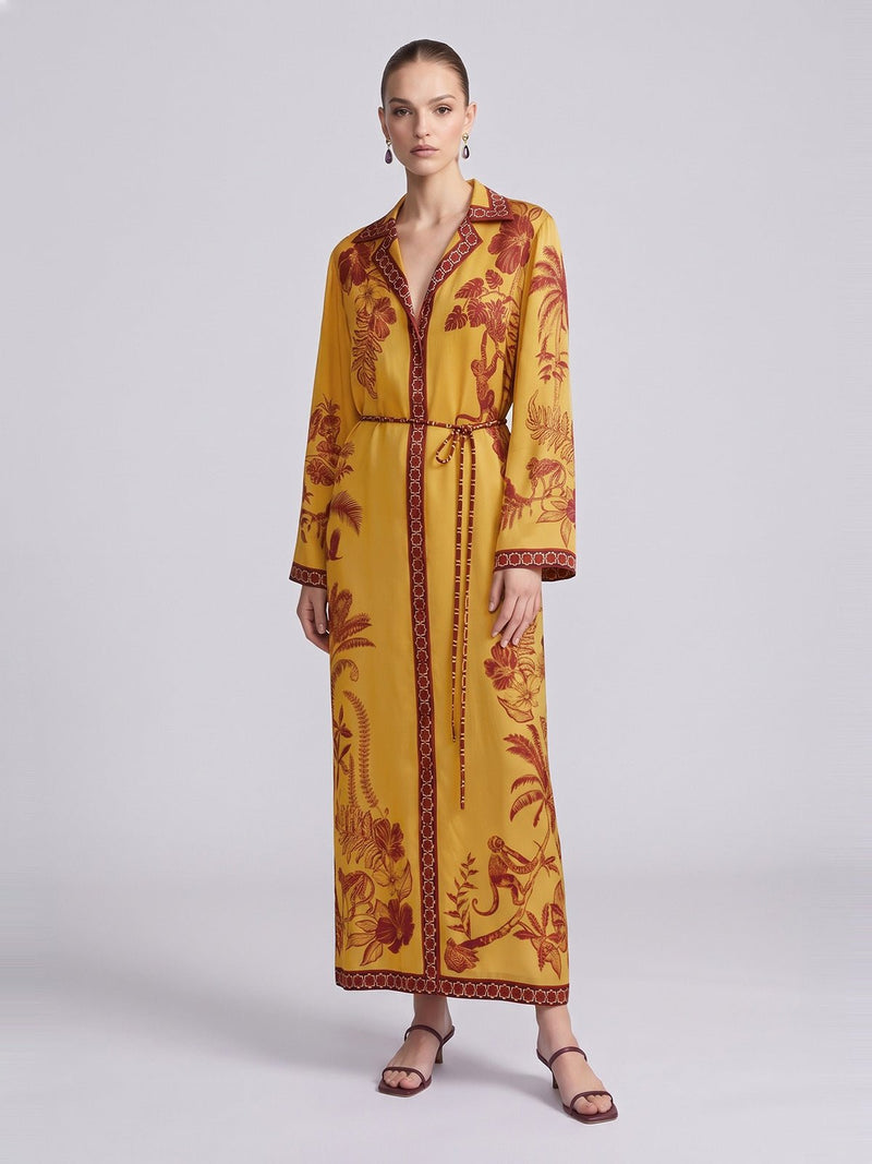 Tropical Motif Print Silk Shirtdress - Social Queen